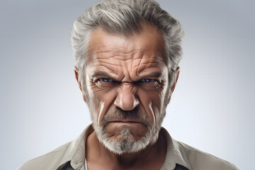 Angry mature Caucasian man, head and shoulders portrait on white background. Neural network generated photorealistic image. Not based on any actual person or scene. - obrazy, fototapety, plakaty