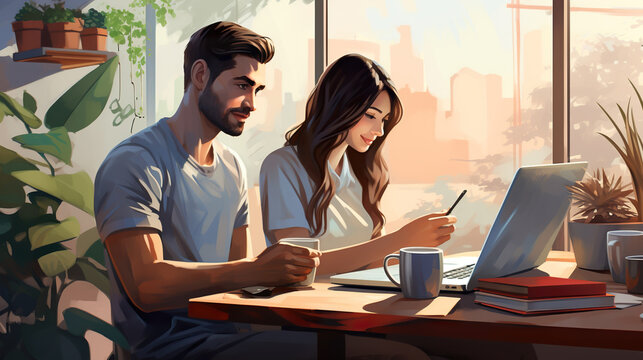 young couple at home office working with laptop and planning business, man and woman startup 