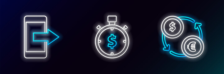 Set line Money exchange, Smartphone, mobile phone and Time is money icon. Glowing neon. Vector