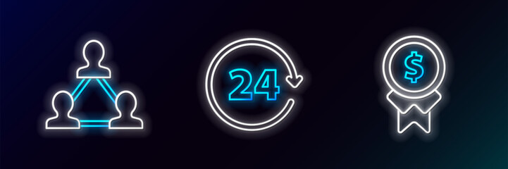 Set line Reward for good work, Project team base and Clock 24 hours icon. Glowing neon. Vector