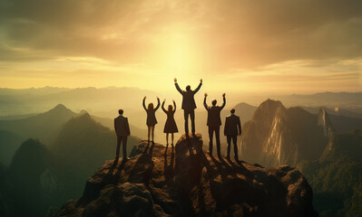A team of business hikers, silhouetted against a magnificent mountain sunrise, embodies teamwork, trust, and assistance as they climb to the summit. Generative AI. - obrazy, fototapety, plakaty