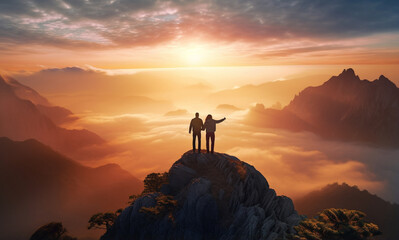 A team of business hikers, silhouetted against a magnificent mountain sunrise, embodies teamwork, trust, and assistance as they climb to the summit. Generative AI. - obrazy, fototapety, plakaty