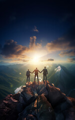 Triumphant businesspeople, working together as a team, celebrate their success on the mountaintop just as the sun rises, raising their hands in victory. Generative AI. - obrazy, fototapety, plakaty