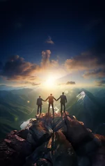 Foto op Plexiglas Triumphant businesspeople, working together as a team, celebrate their success on the mountaintop just as the sun rises, raising their hands in victory. Generative AI. © Surachetsh