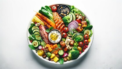 Obraz na płótnie Canvas Gourmet healthy meal on white background, unique recipe presentation. 