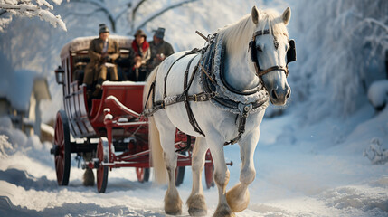 Sleigh Bells and Snowflakes: Capturing the Charm of a Horse-Drawn Sleigh in a Scenic Outdoor Setting. Generative AI.
