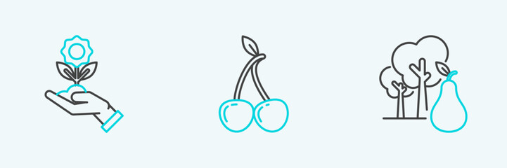 Set line Tree with pears, Hand holding flower and Cherry icon. Vector