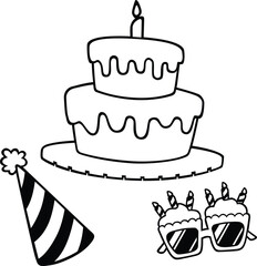 Line art outline birthday party decorations. Cute simple vector black and white for Birthday Party theme art