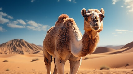 Camel crossing the desert in sunrise time beautiful concept of traveling. Generative AI