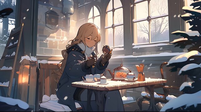 Cute Anime manga style LOFI Girl, cozy winter background illustration design