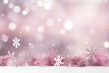 Fototapeta na wymiar Beautiful white decorative snowflakes on a festive pink bokeh background with copy space
