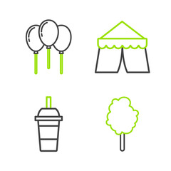 Set line Cotton candy, Paper glass with drinking straw water, Circus tent and Balloons ribbon icon. Vector