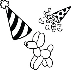 Line art outline birthday party decorations. Cute simple vector black and white for Birthday Party theme art