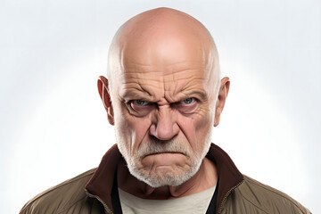 Angry senior Caucasian man, head and shoulders portrait on white background. Neural network generated photorealistic image. Not based on any actual person or scene.