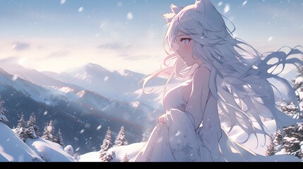Cute Anime manga style LOFI Girl, cozy winter background illustration design