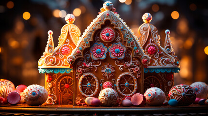 Holiday Gingerbread Extravaganza: Intricately Decorated House with Candy Canes, Icing, and Gumdrops for Seasonal Sweet Delight. Generative AI.