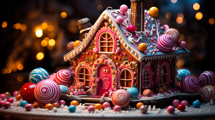 Festive Gingerbread Masterpiece: Explore an Intricately Designed House adorned with Candy Canes, Icing, and Gumdrops for Holiday Delight. Generative AI.