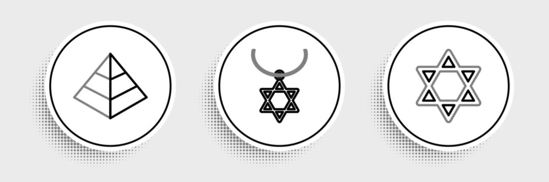Set line Star of David, Egypt pyramids and necklace on chain icon. Vector