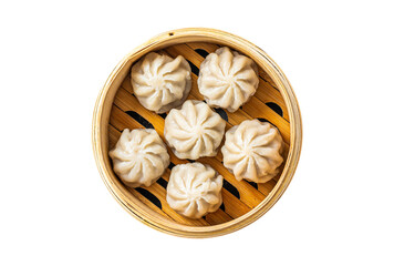 Steamed baozi dumplings stuffed with meat in a bamboo steamer.  Transparent background. Isolated