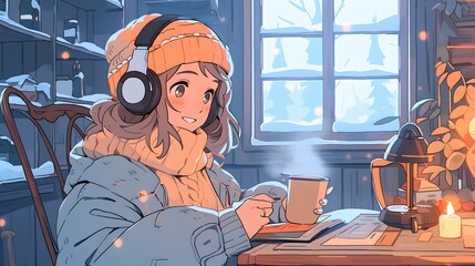 Cute Anime manga style LOFI Girl, cozy winter background illustration design - obrazy, fototapety, plakaty