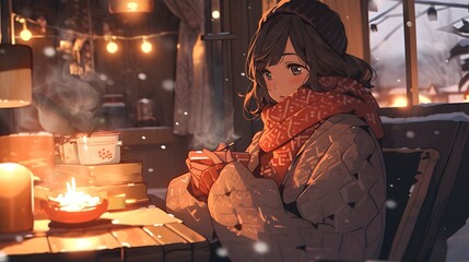 Cute Anime manga style LOFI Girl, cozy winter background illustration design