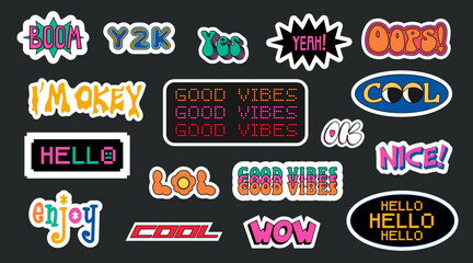 Collection of various lettering stickers in retro style. Cool trendy Y2k style. Vector illustration of 70s groove elements.	
