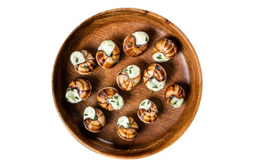 French Escargot Snails with garlic butter in a wooden plate.  Transparent background. Isolated