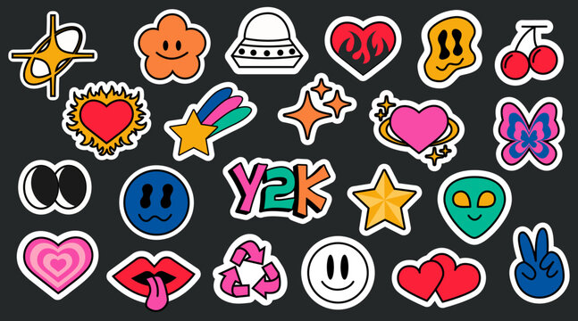 Set of trendy retro Y2k stickers pack. Cool funky cartoon stickers. Geometric shapes and elements. Vector illustration of 70s groove elements.
