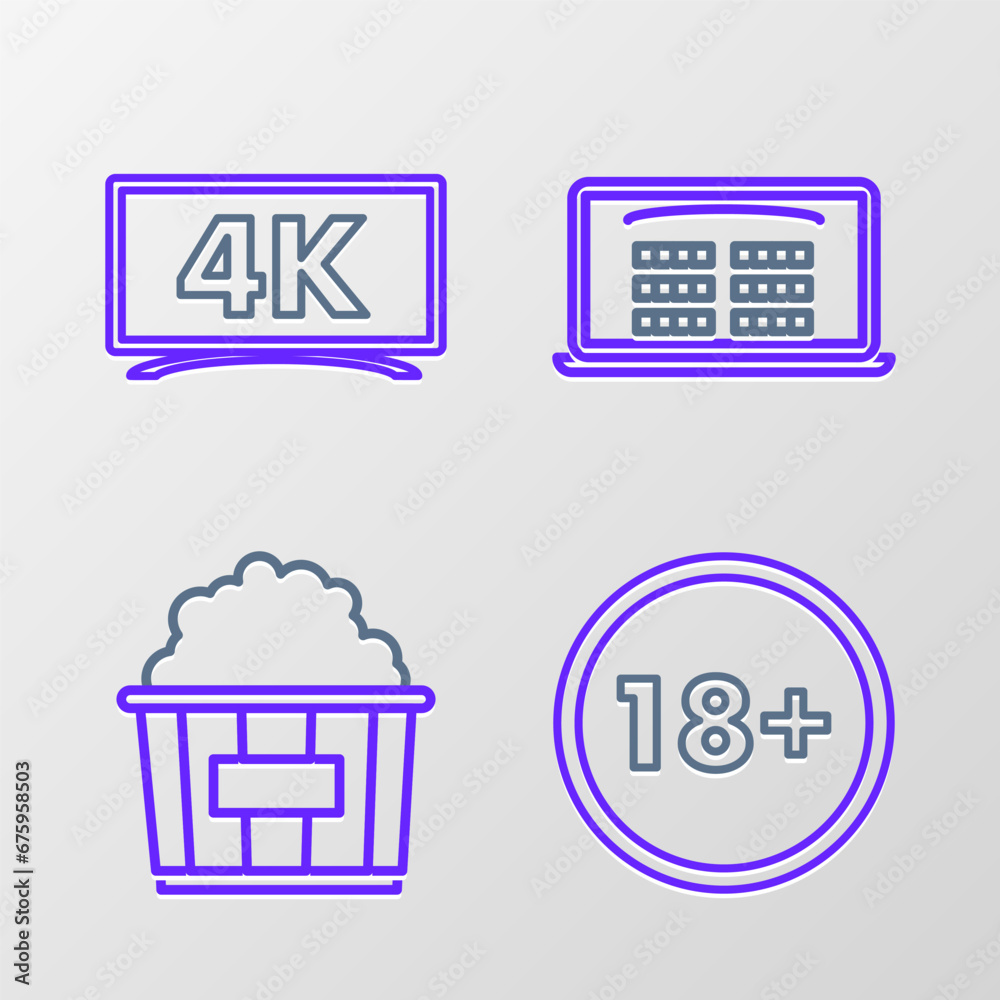 Canvas Prints Set line Under 18 years, Popcorn in cardboard box, Buy cinema ticket online and icon. Vector