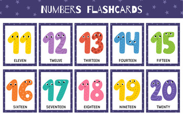Cute numbers 11-20 flashcards collection. Flash cards for practicing reading skills. Learning numbers for preschool. One, two, three and more. Vector illustration - obrazy, fototapety, plakaty
