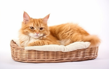Fototapeta na wymiar Cute cat resting on pet bed on white background