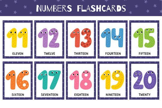 Cute numbers 11-20 flashcards collection. Flash cards for practicing reading skills. Learning numbers for preschool. One, two, three and more. Vector illustration