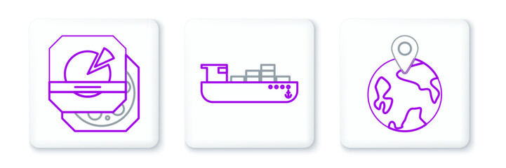 Set line Worldwide, Pizza in cardboard box and Cargo ship with boxes delivery service icon. Vector