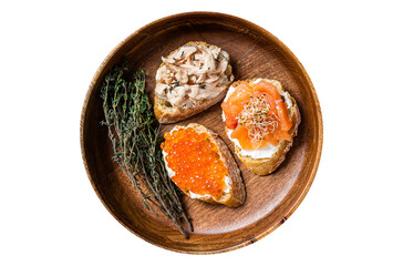 Bruschetta with Hot Smoked salmon, red caviar and herbs.  Transparent background. Isolated