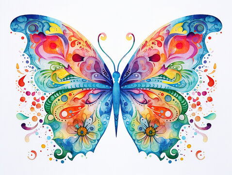 Watercolor illustration of colored fantesy butterfly on white background