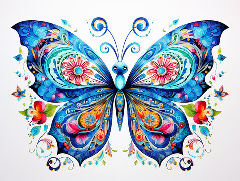 Watercolor illustration of colored butterfly on white background