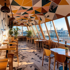 Fototapeta premium Pier-side eatery flaunting a cool geometric 