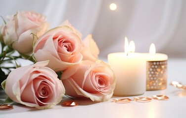 Obraz na płótnie Canvas pink roses and candles, wedding decor
