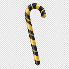 Naklejka premium 3D Realistic Candy Cane Isolated on Transparent Backdrop. Vector Candy Cane Christmas Design Element for card postcard or banners designs. Top View. Black and gold lollipop realistic illustration. 