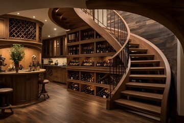 create a room with a staircase leading to a wine testin