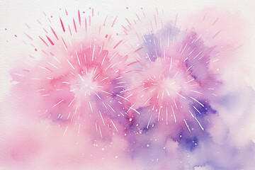 Pretty pink loose watercolour style illustration of fireworks, on a watercolour wash background, great for social media, website headers, cards and invitations. 