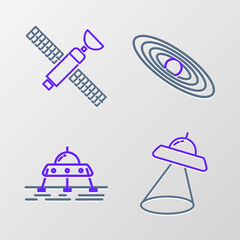 Fototapeta premium Set line UFO flying spaceship, Mars rover, Planet and Satellite icon. Vector