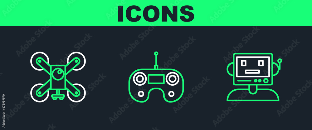 Poster set line robot, drone flying with action camera and remote control icon. vector