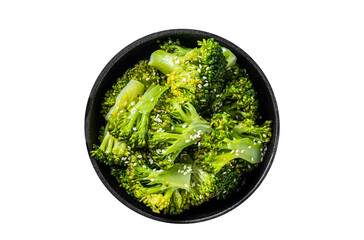 Green boiled broccoli cabbage in pan.  Transparent background. Isolated