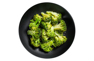 Boiled broccoli with spices in a plate.  Transparent background. Isolated