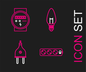 Set line Electric extension cord, plug, Light bulb and meter icon. Vector