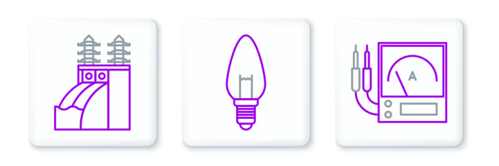 Set line Ampere meter, multimeter, voltmeter, Nuclear power plant and Light bulb icon. Vector
