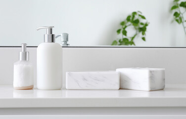 Soap, shampoo bottles on white marble sink shelf in light bathroom