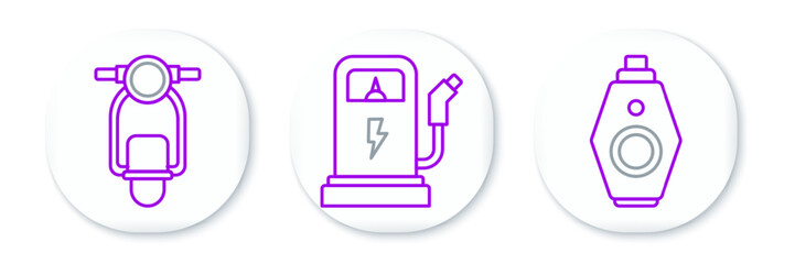 Set line Car key with remote, Scooter and Electric car charging station icon. Vector