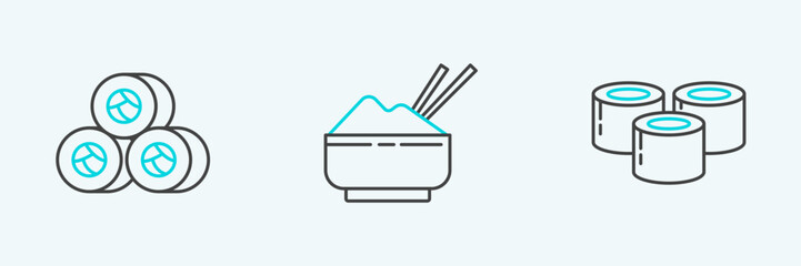 Set line Sushi, and Rice in a bowl with chopstick icon. Vector